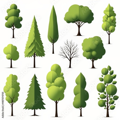 Diverse Array of Stylized Tree Illustrations in Various Shapes and Sizes