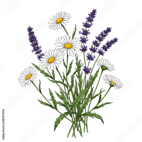 Delicate bouquet of chamomile and lavender floral illustration art