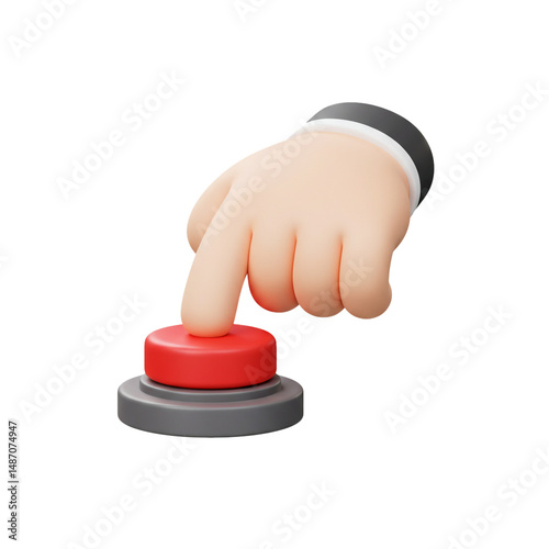 Cartoon hand pressing a red power button, 3d illustration