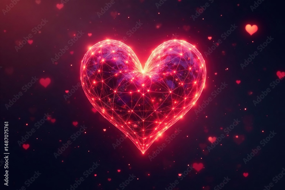 Intricate, glowing heart pattern on dark background, romantic, vector, red Intricate, glowing heart pattern on dark background, romantic, vector, red