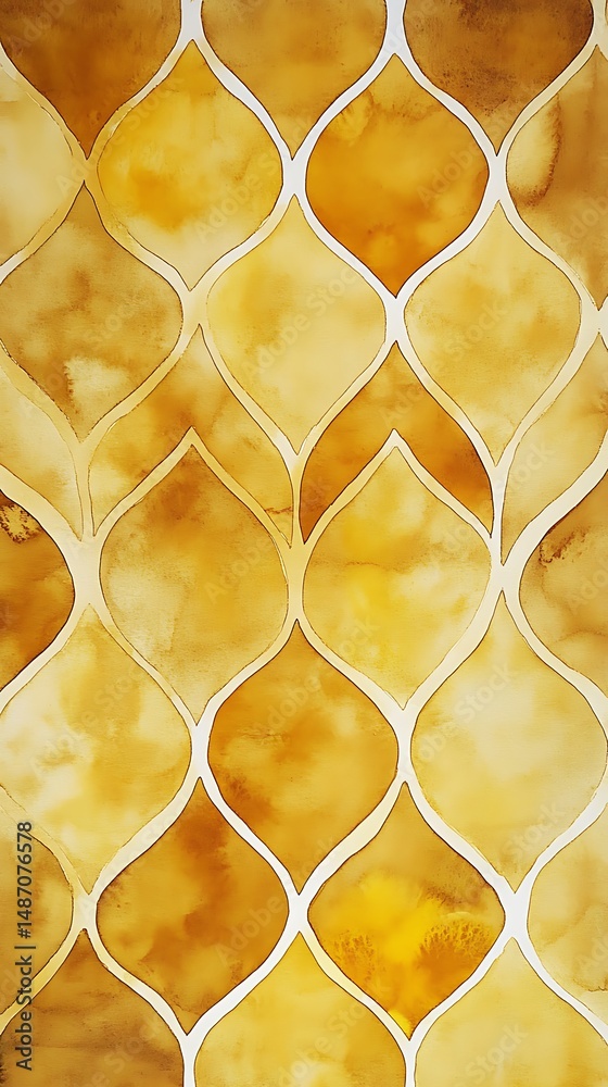 Fototapeta premium Elegant Golden Amber Watercolor Symmetrical Mesh Pattern With Soft Fluidity And Decorative Artistic Background For Design - Empty Template