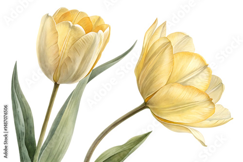 Watercolor Painting of Two Pale Yellow Tulips with Green Leaves Isolated on Black Background.