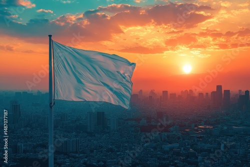 White flag waving against sunset over a blue hazy city skyline. Ideal for concepts like surrender, peace, new beginnings, or blank canvas. photo