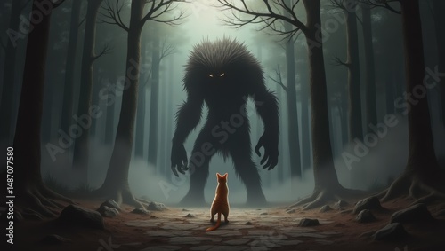 Eerie Encounter Between a Tiny Fox and a Menacing Forest Monster at Night