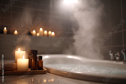Modern bathroom with warm lighting steaming bathtub candles and essential oils capturing a tranquil self care ritual during the emotional depths of winter
