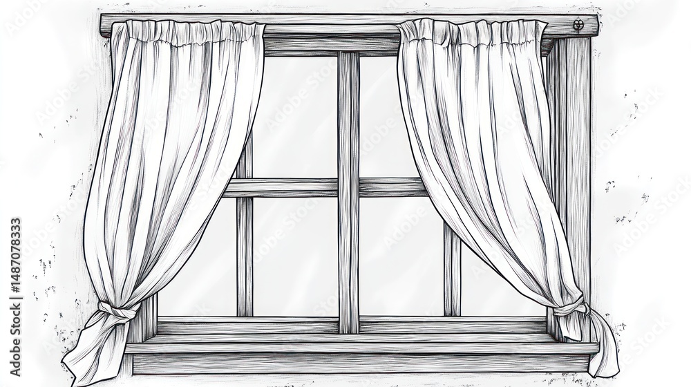 Fototapeta premium Simple window with curtains, rustic style drawing