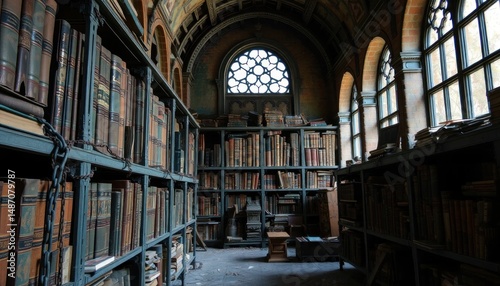 Grand library interior: old books, arch window, knowledge