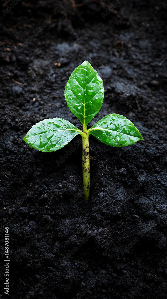 Naklejka premium A cross-shaped minimalistic three-leaved plant emerging from fertile soil, symbolizing new Christian life and spiritual growth. Ample blank space on the side allows for captions or text.