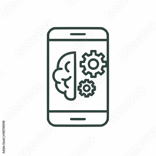 Outlined smartphone with a brain and small gears overlaid, symbolizing AI mobile assistant.