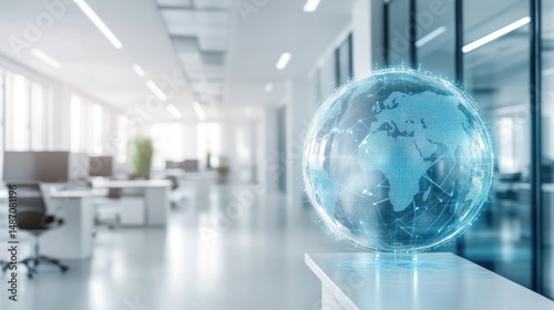 Holographic global business model displayed in a modern office.