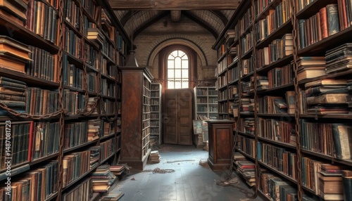 Antique library: shelves of old books, vintage knowledge