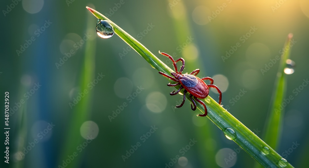 Naklejka premium Tick on grass blade dew drops