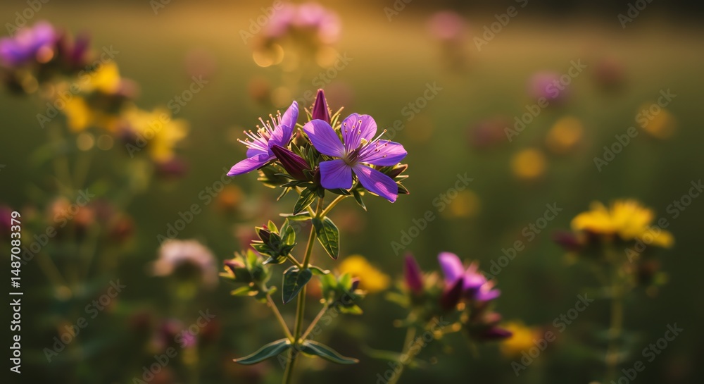 Fototapeta premium Purple Wildflowers in Golden Hour: A Soft, Natural Image
