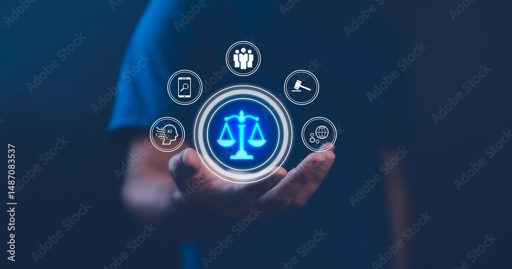 AI ethics or AI Law concept. Developing AI codes of ethics. Compliance, regulation, standard , business policy and responsibility for guarding against unintended bias in machine learning algorithms.