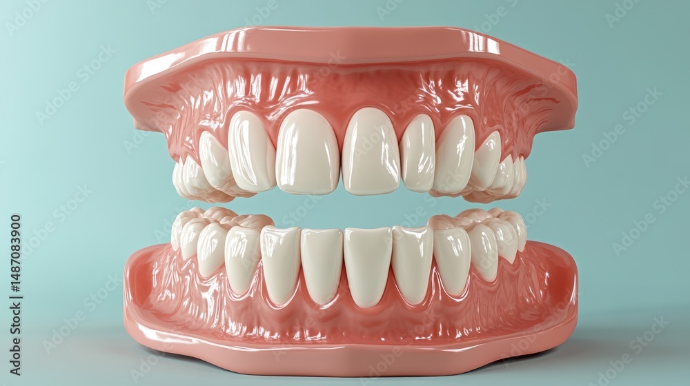 Obraz premium Healthy human mouth with teeth, front view. Gums, and rows of white teeth are clearly visible