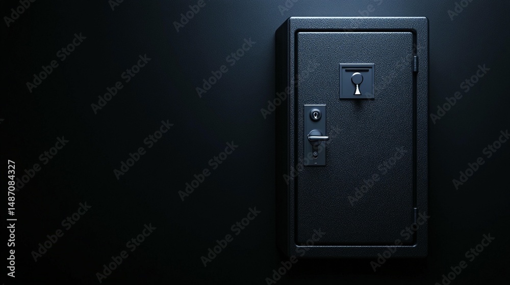 Dark, metallic security safe against a dark background Dark, metallic security safe against a dark background