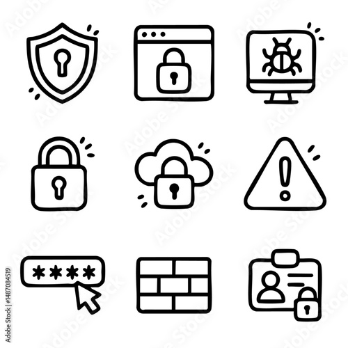 A set of doodle line icons representing cybersecurity elements like passwords, firewalls, malware, and cloud security for digital safety content