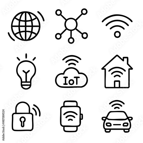 A set of doodle line icons representing IoT devices and connectivity, including smart home, car, watch, and cloud, ideal for tech content