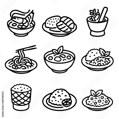 A set of doodle line icons featuring popular Asian and Thai dishes like noodles, curry, rice, soup, and mortar, ideal for culinary designs