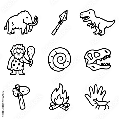 A set of doodle line icons featuring prehistoric elements like dinosaurs, cavemen, fire, fossils, and stone tools, ideal for education or history themes