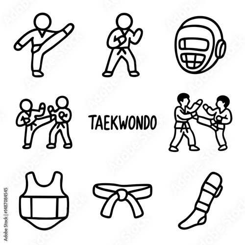A set of doodle line icons illustrating Taekwondo moves, sparring, uniforms, and protective gear, perfect for martial arts and sports designs