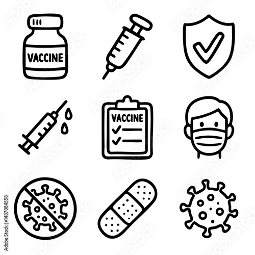 A set of doodle line icons showing vaccines, syringes, viruses, masks, and immunity symbols, ideal for healthcare and medical awareness content