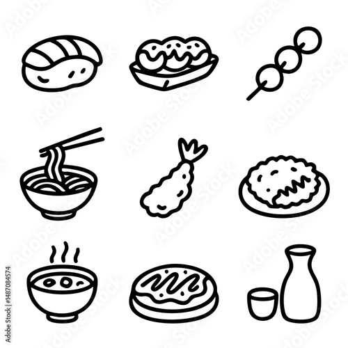 A set of doodle line icons featuring traditional Japanese foods like sushi, ramen, tempura, and sake, perfect for menus or culinary content
