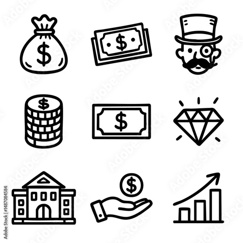 A set of doodle line icons representing wealth, money, banking, luxury, and financial growth, ideal for business, economy, and investment content