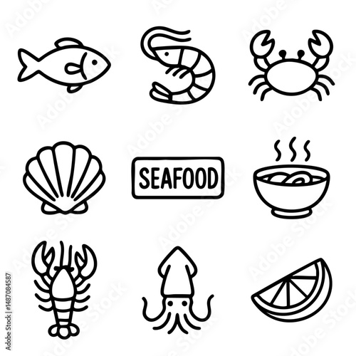 A set of doodle line icons featuring various seafood items like fish, shrimp, crab, and squid, ideal for menus, recipes, and culinary designs