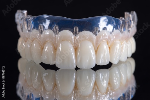 Close-up of dental prosthetic on reflective surface.