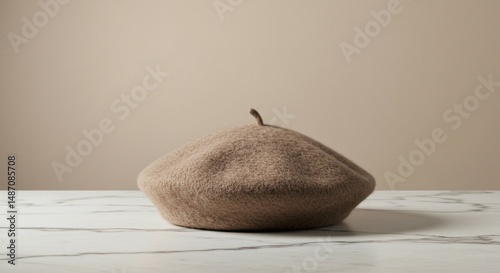 Beret Hat Mockup on Marble Table with Soft Beige Background