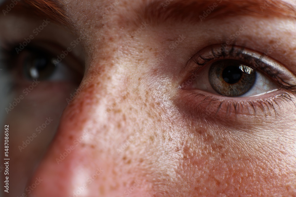 Fototapeta premium Close-up of a woman's freckled face in natural light.