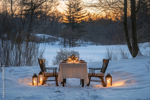Lantern-lit outdoor dinner table set amidst a tranquil snowy meadow, Generative AI