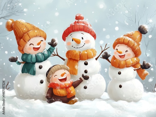 Children decorating a snowman family with bright scarves and cheerful expressions, Generative AI