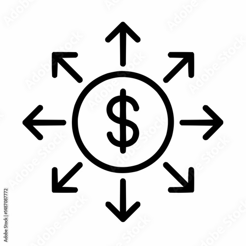 Dollar sign surrounded by arrows expanding outward — inflationary pressure in all directions.