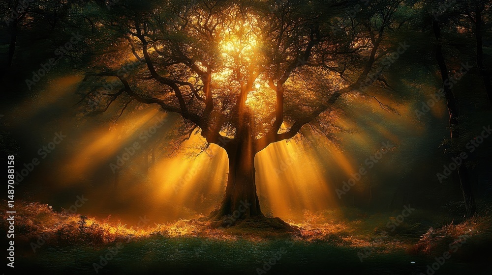 Golden Light Rays Shining Through a Tree with Flowers in Enchanted Forest Golden Light Rays Shining Through a Tree with Flowers in Enchanted Forest