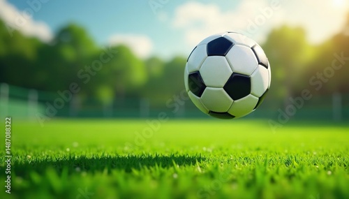 Action shot of soccer ball in mid-air above green field, field, soccer