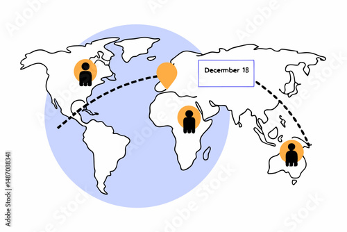 World map showcasing migration with human silhouette figures symbolizing the movement of people across borders in search of hope and opportunity