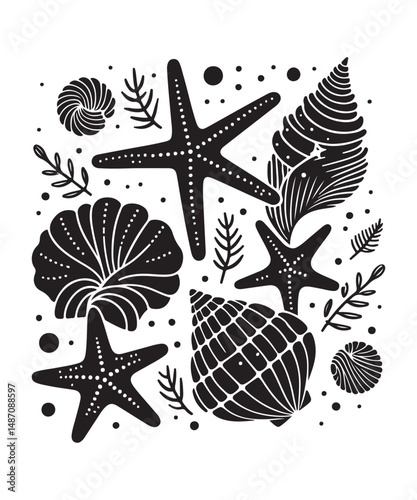 Sea shells starfish silhouette vector illustration, Starfish icon collection. 