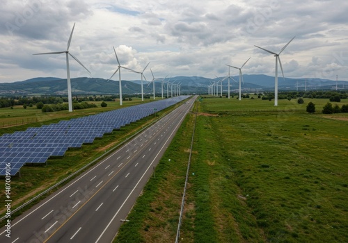 Wind turbines and solar panels along a highway
