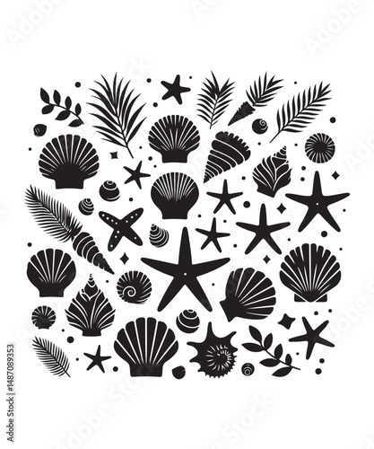 Sea shells starfish silhouette vector illustration, Starfish icon collection. 