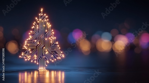 Glowing christmas tree circuit board against blurred city lights - digital holiday cheer
