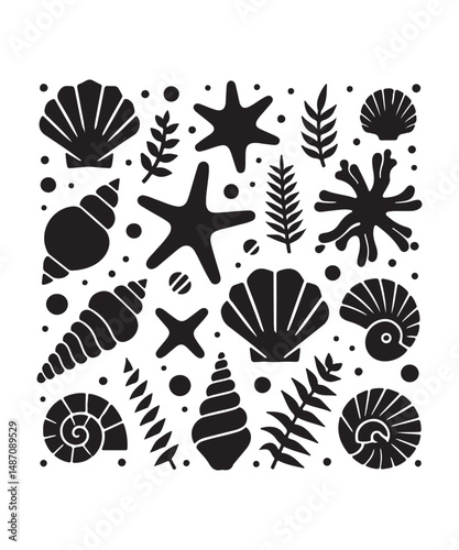 Sea shells starfish silhouette vector illustration, Starfish icon collection. 