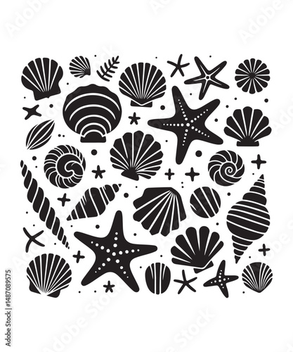 Sea shells starfish silhouette vector illustration, Starfish icon collection. 