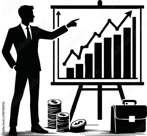 Vector silhouette of a team brainstorming ideas at a whiteboard, people pointing, thinking, writing, startup team concept, minimal black on white