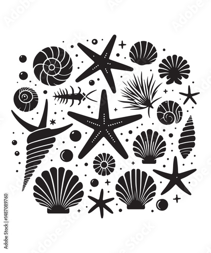 Sea shells starfish silhouette vector illustration, Starfish icon collection. 