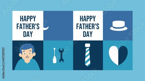 4K looping animation celebrating Father's Day with flat-style icons like a mustache, hat, tools, tie, and heart. A warm, modern tribute to dads with text “Happy Father’s Day” in vibrant colors.