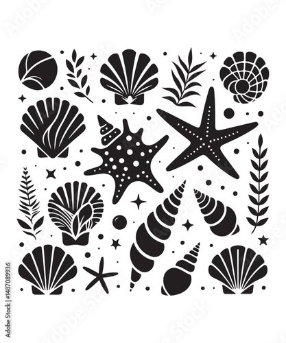 Sea shells starfish silhouette vector illustration, Starfish icon collection. 
