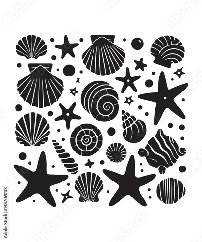 Sea shells starfish silhouette vector illustration, Starfish icon collection. 