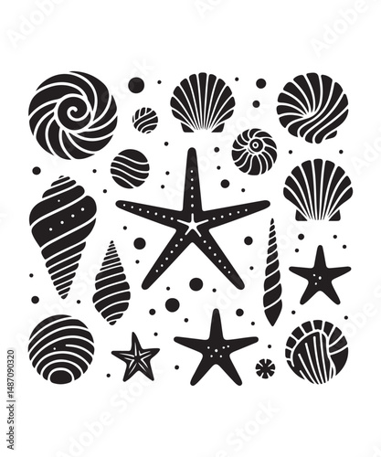 Sea shells starfish silhouette vector illustration, Starfish icon collection. 